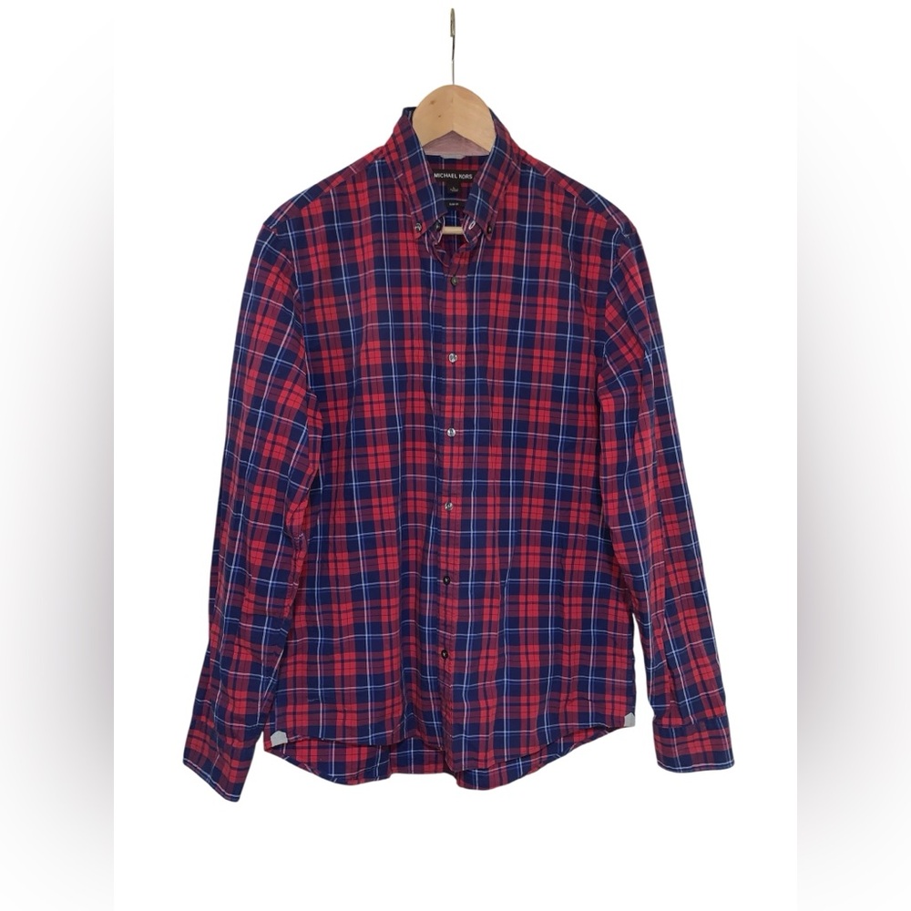 Michael Kors Men’s Long-sleeve Casual Button-down Plaid Shirt Slim Fit Size L